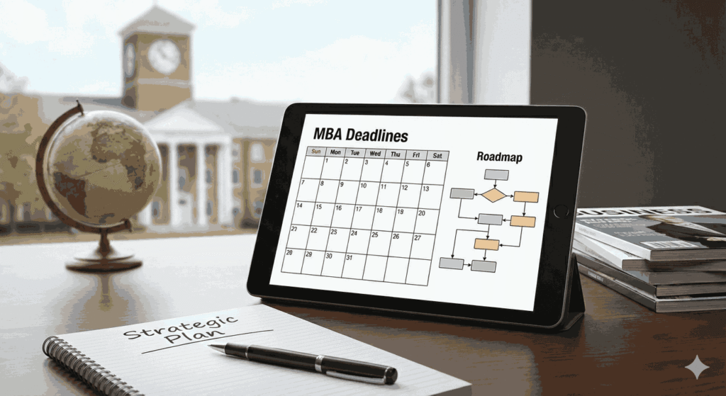 Showing MBA deadlines and roadmap on a desk with a strategic plan notebook.