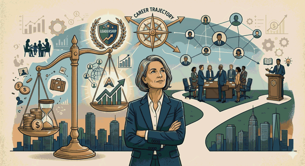 professional woman with crossed arms standing before a collage of career growth and balance symbols
