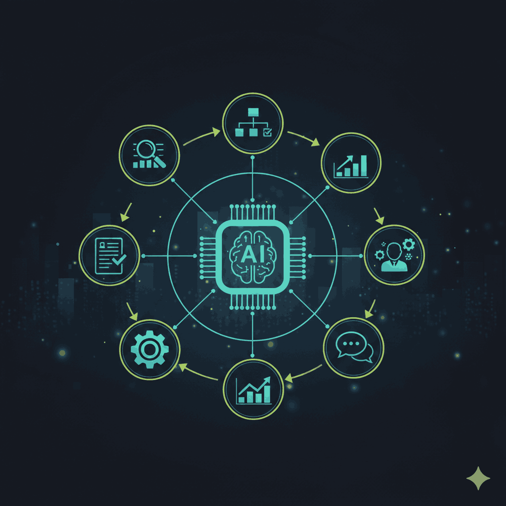 AI product management lifecycle diagram with analytics, automation, and decision icons