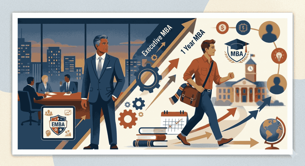 Split-panel graphic comparing "Executive MBA" for leaders and "1 Year MBA" for students