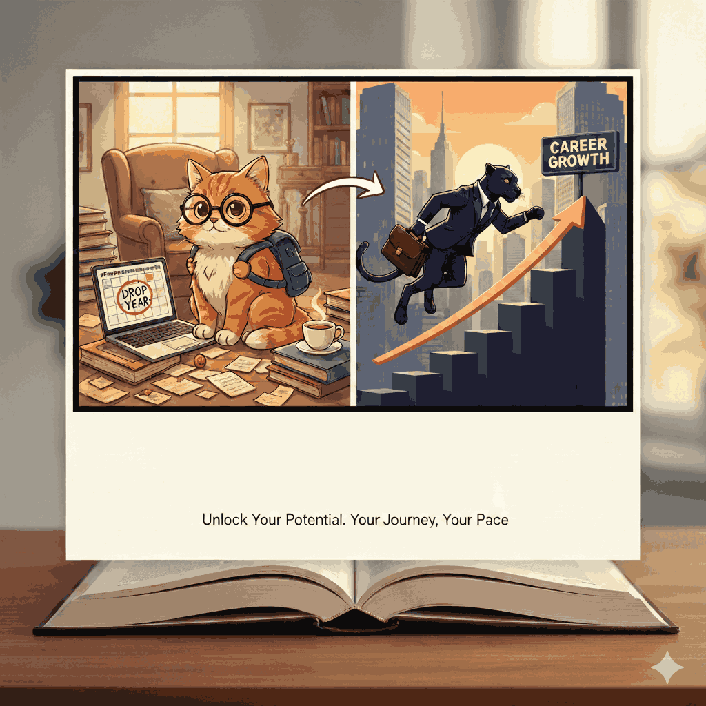 Illustration of a student cat transitioning into a professional panther for career growth