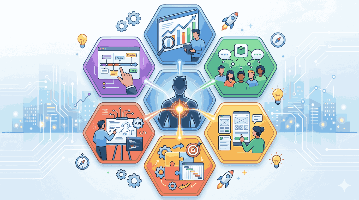 Associate Product Manager illustration to show skills like data analysis, strategy, and empathy