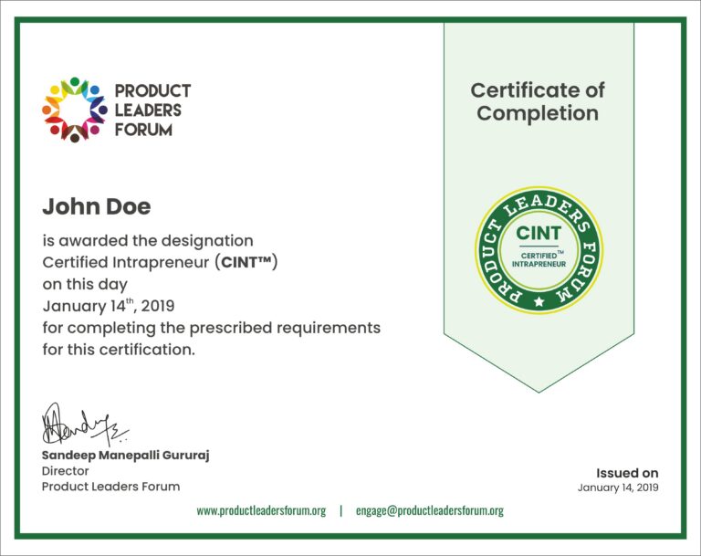 Sample Certificate of Certified Intrapreneur (CINT) is a pioneering certification for innovation champions
