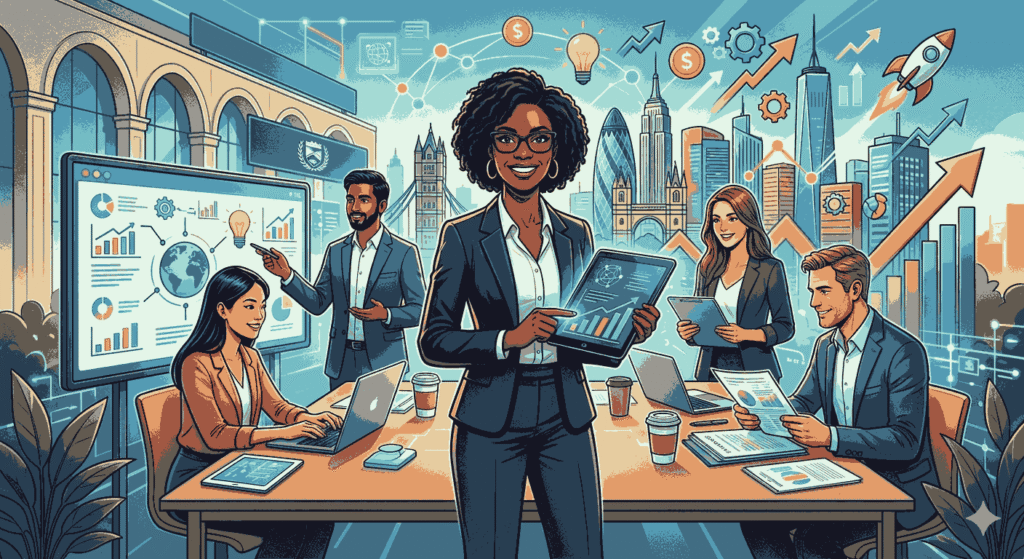 diverse team in a 'Best Executive MBA for Entrepreneurs' environment, featuring business data, leadership activities, and a cityscape