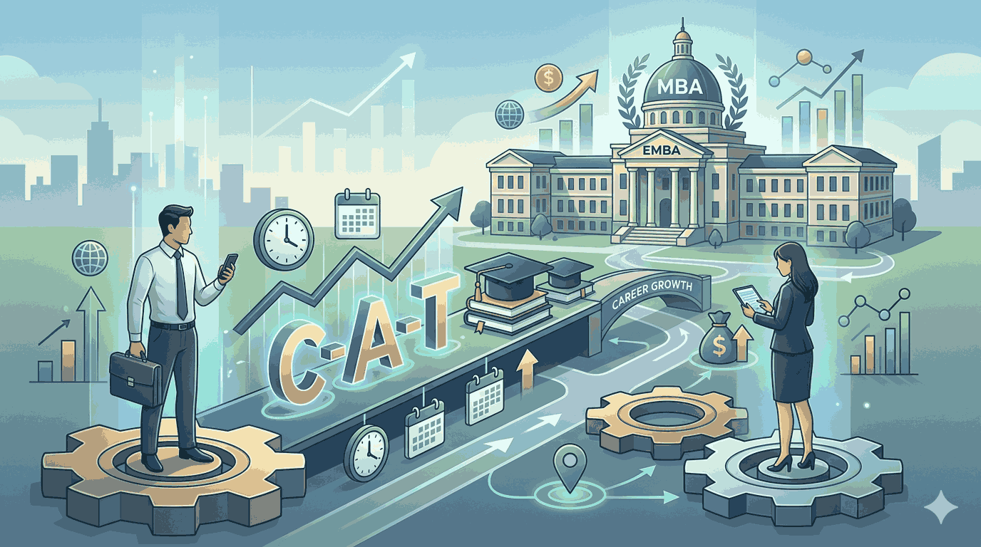 Professionals use a CAT exam path, clock, and graph to reach an EMBA building for career growth