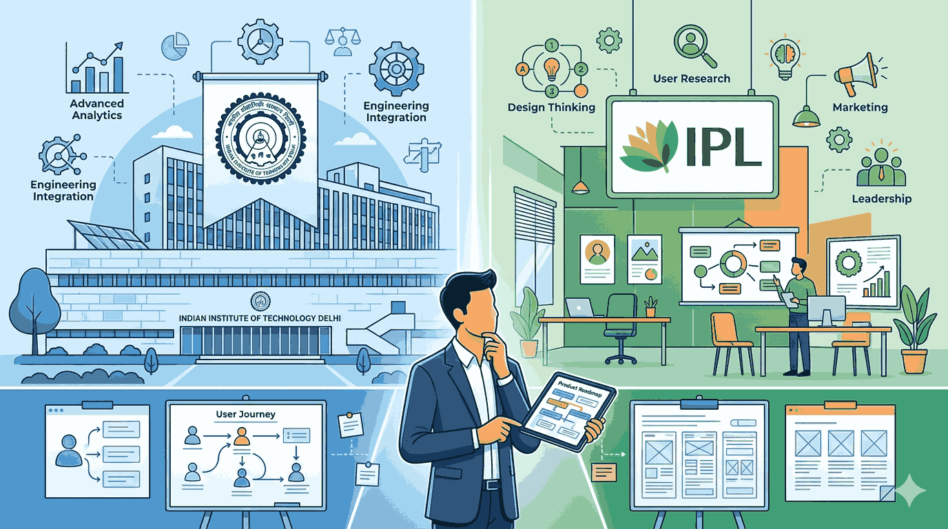 Split illustration compares product management at IIT Delhi and Product leadership institute
