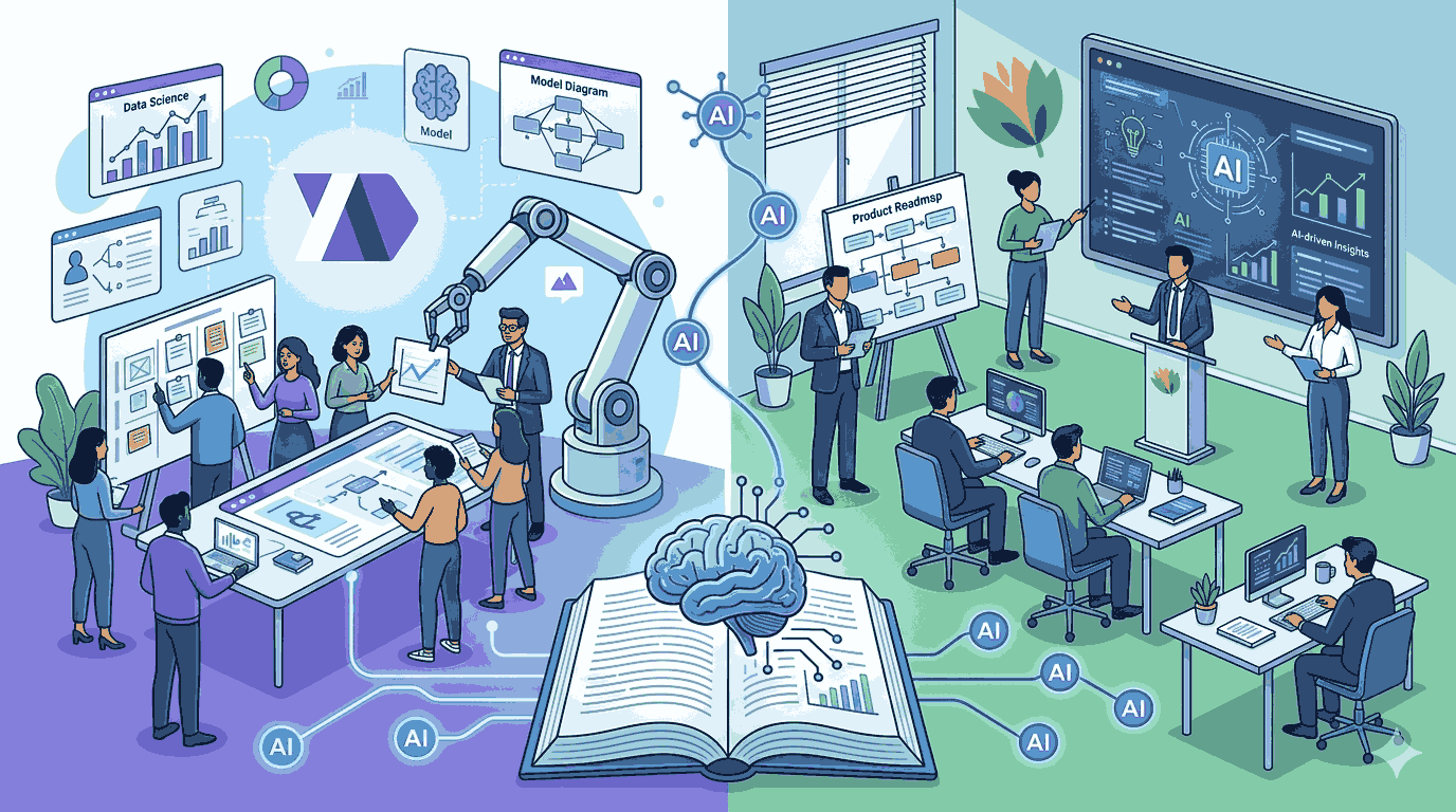 Split illustration of teams using data and AI to build digital products in a workspace