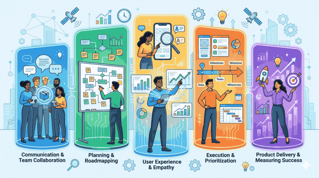 Chart illustrates an Associate Product Manager's responsibilities, like strategy and user empathy