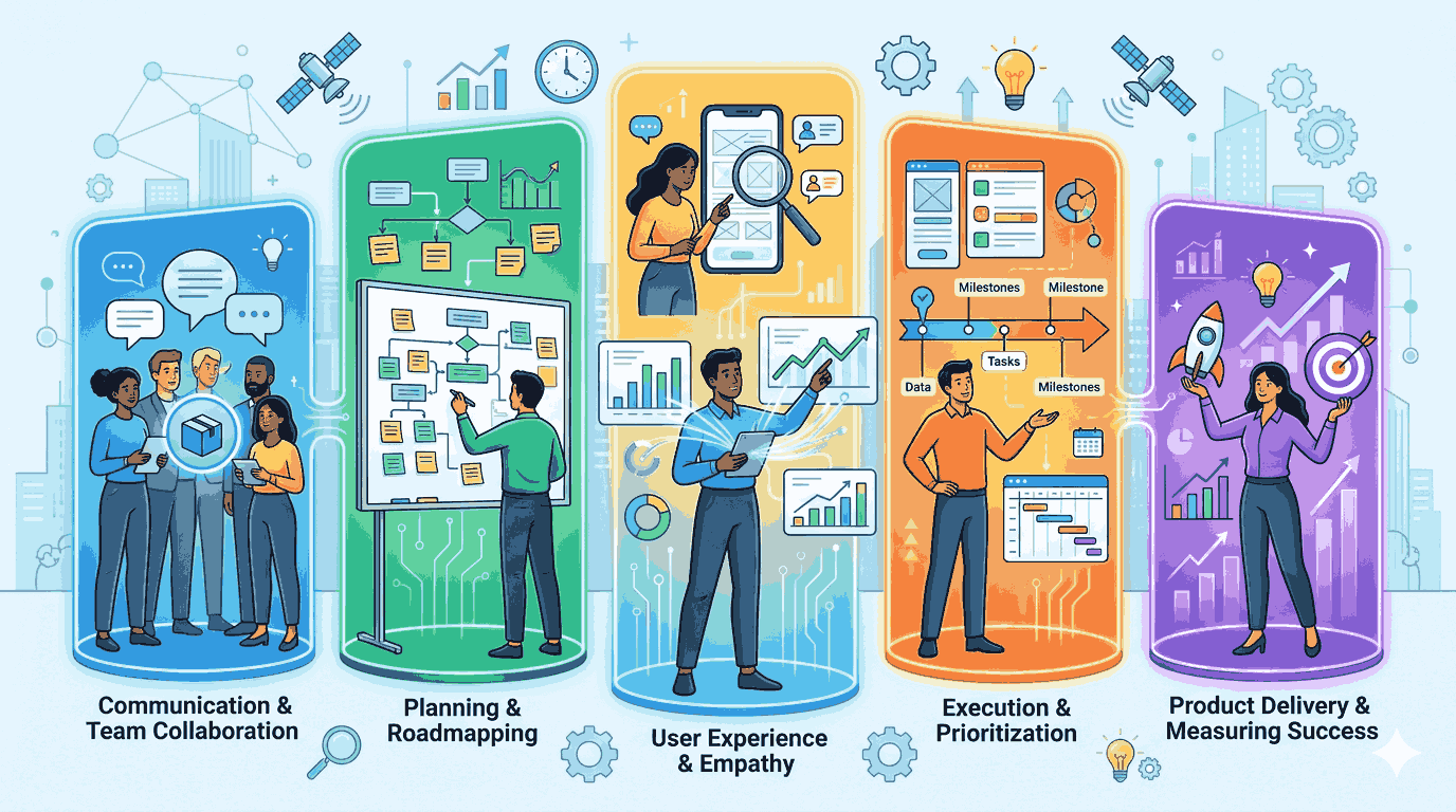 Chart illustrates an Associate Product Manager's responsibilities, like strategy and user empathy