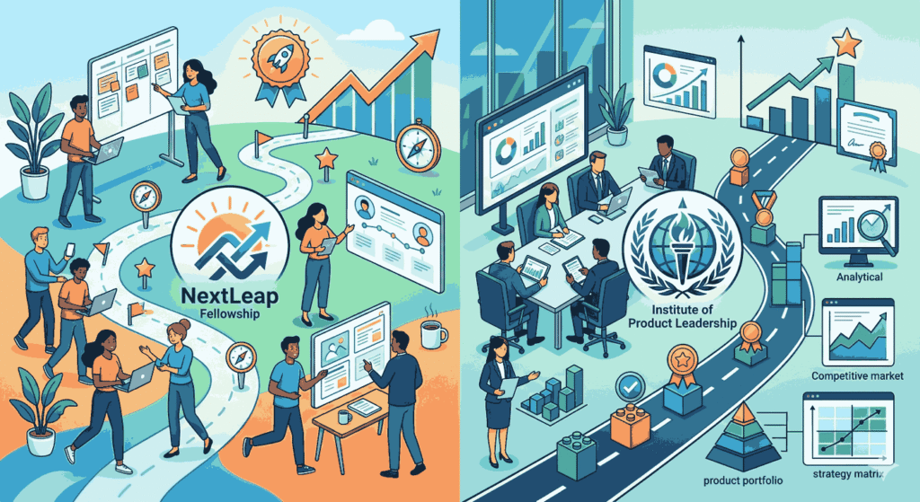 comparative illustration of two distinct professional paths in business and product management
