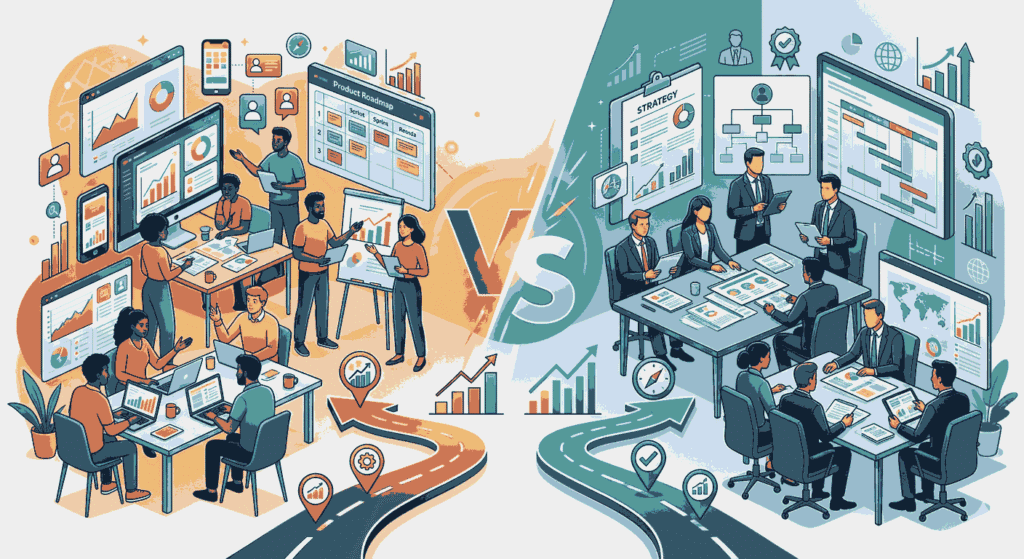 comparative illustration of two distinct professional paths in business and product management