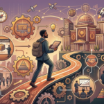 Tech MBA professional in a city walks a career path of gears, skills, and business milestones