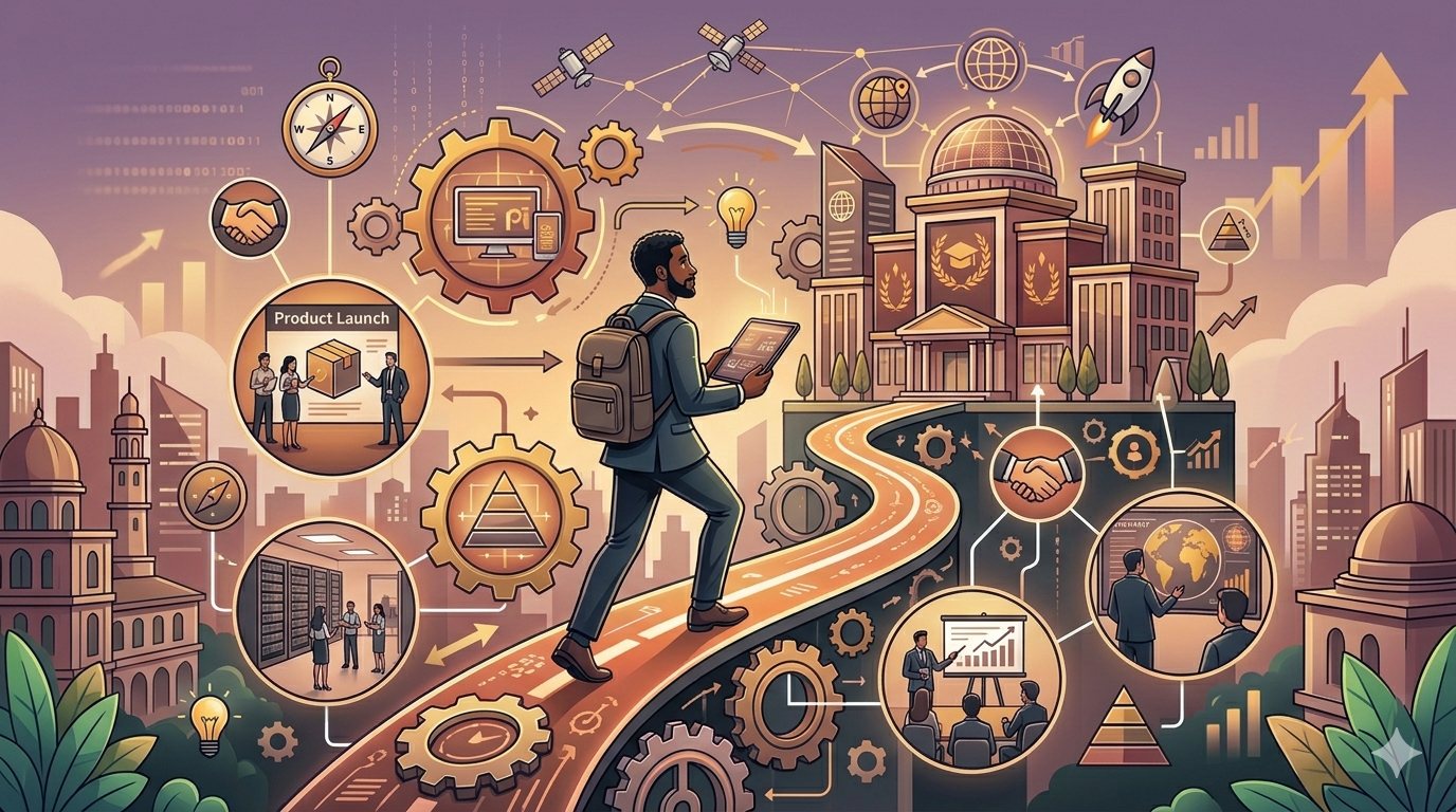 Tech MBA professional in a city walks a career path of gears, skills, and business milestones