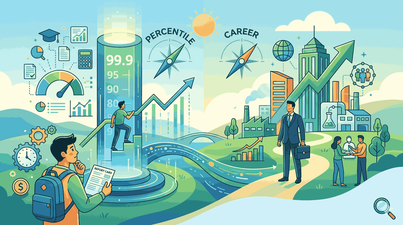 Rising graph linked to a high CAT score and a successful career path in a cityscape