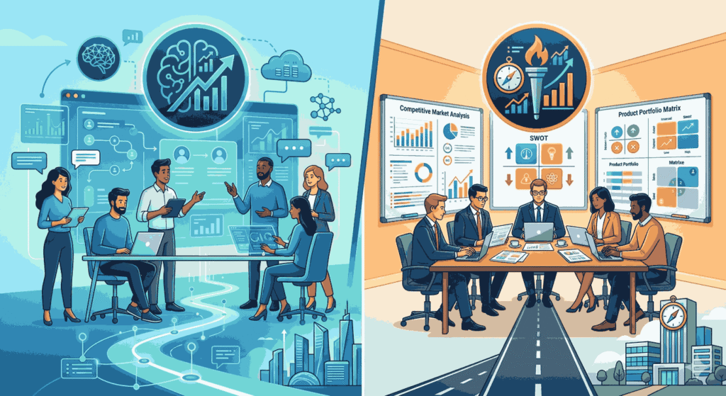 split-screen illustration comparing an innovative, digital team with a traditional, strategic