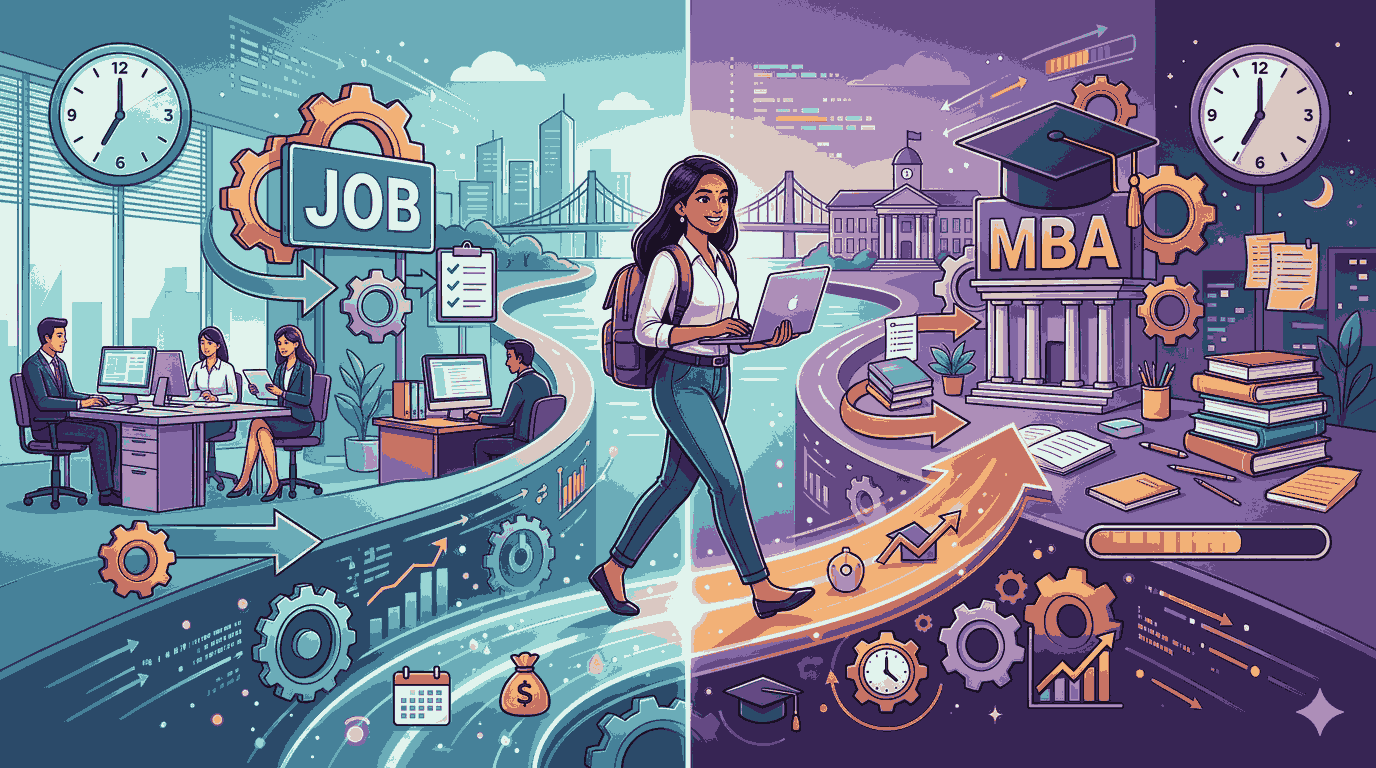 woman balances a laptop and books between a work office and a college campus