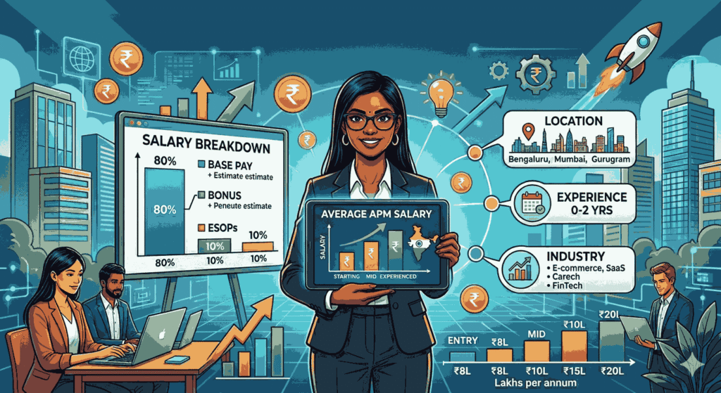 Associate Product Manager salary in India infographic with salary ranges and growth