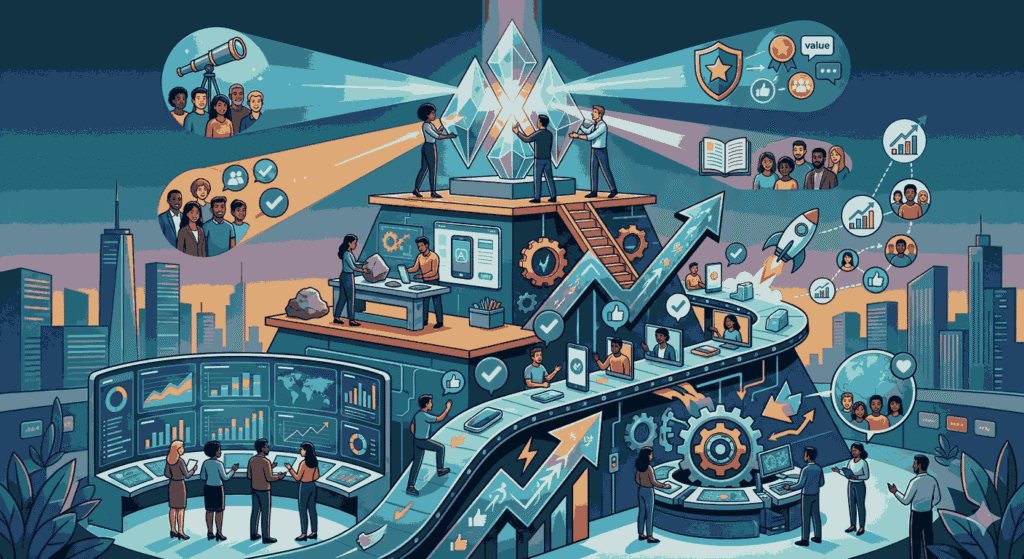 Brand product management blending product features Illustration