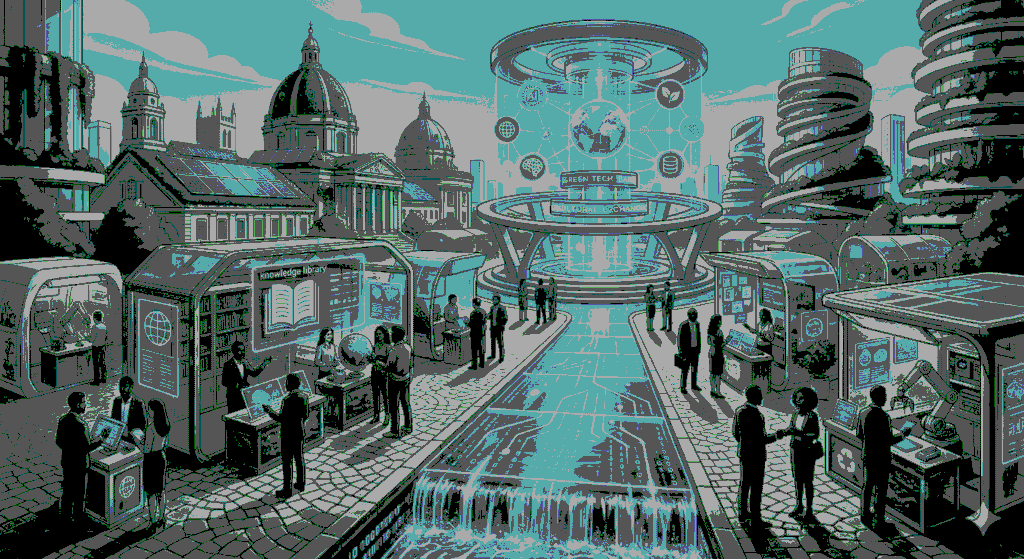 Futuristic city square showcasing sustainable technology
