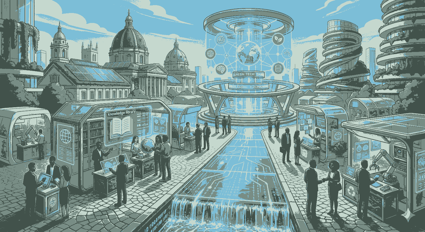 Futuristic city square showcasing sustainable technology