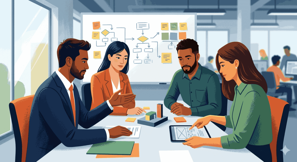 Illustration of professionals in a meeting room brainstorming product design and user flow