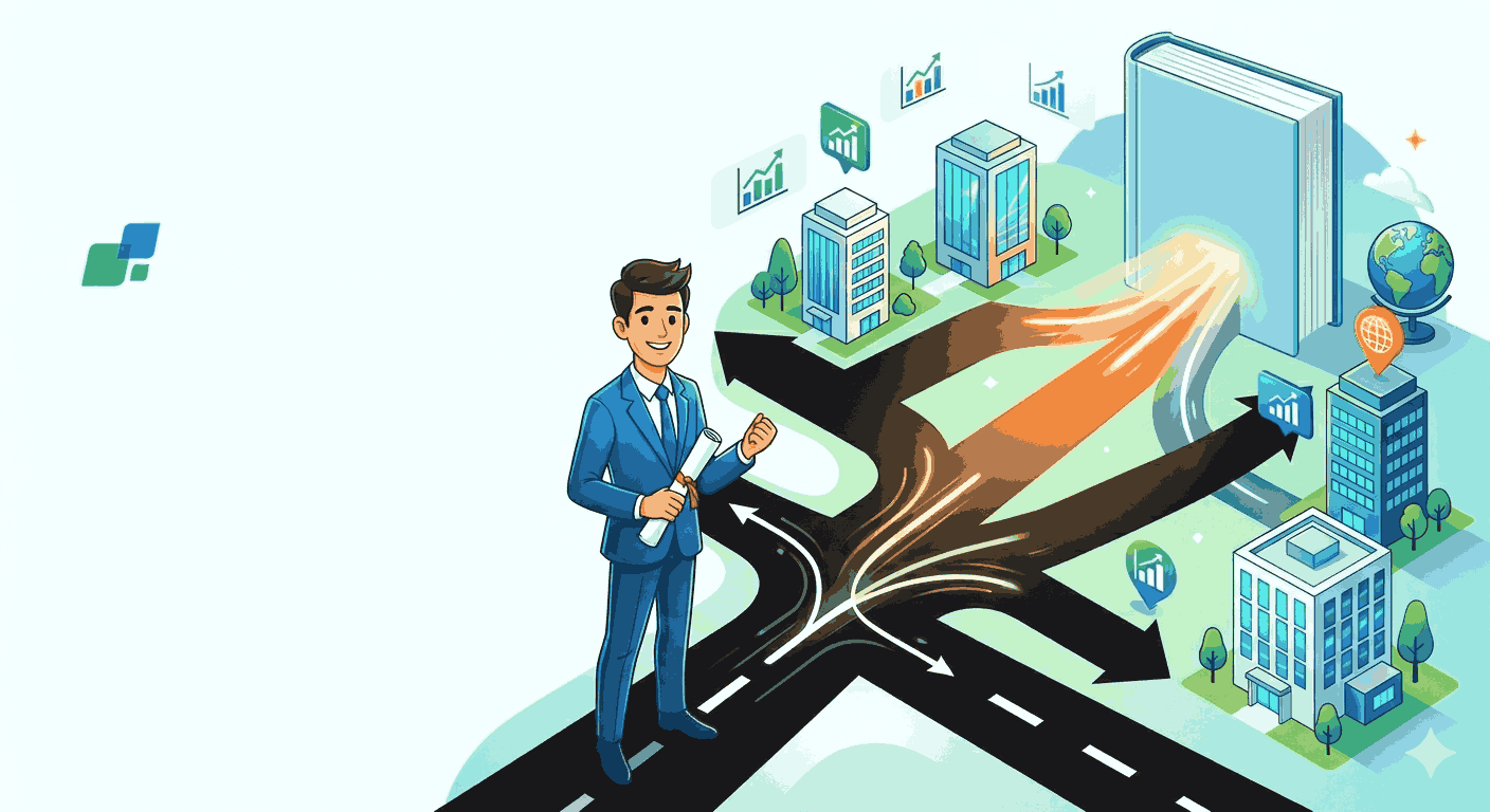 Isometric illustration of a businessman choosing a successful career path.