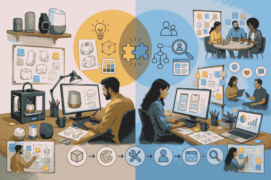Product designer vs UX designer workflow showing ideation, prototyping, and user research
