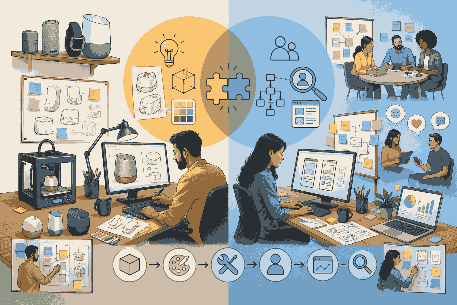Product designer vs UX designer workflow showing ideation, prototyping, and user research
