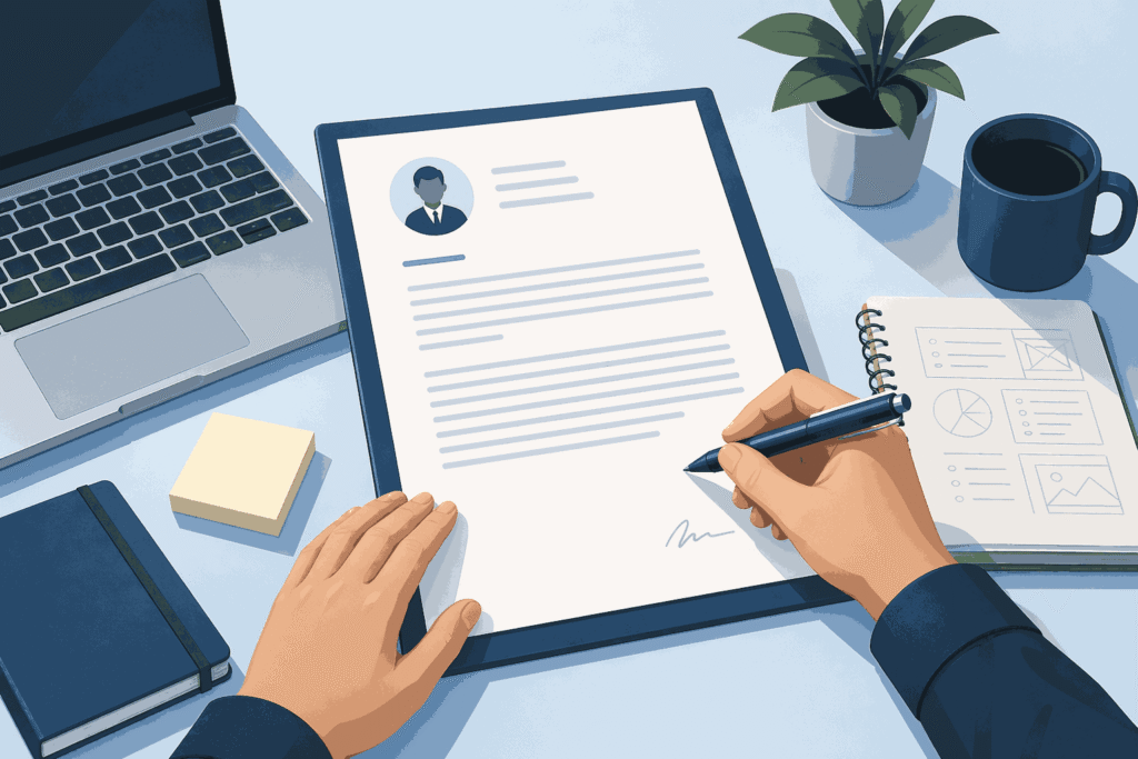 Product manager writing a cover letter at desk with laptop and notes