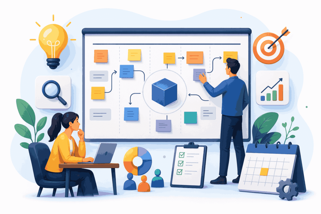 Illustration of Product planning workflow with team organizing tasks