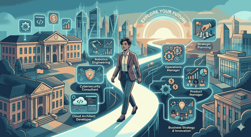 Professional walking a path between a university and a modern city, with tech and business icons