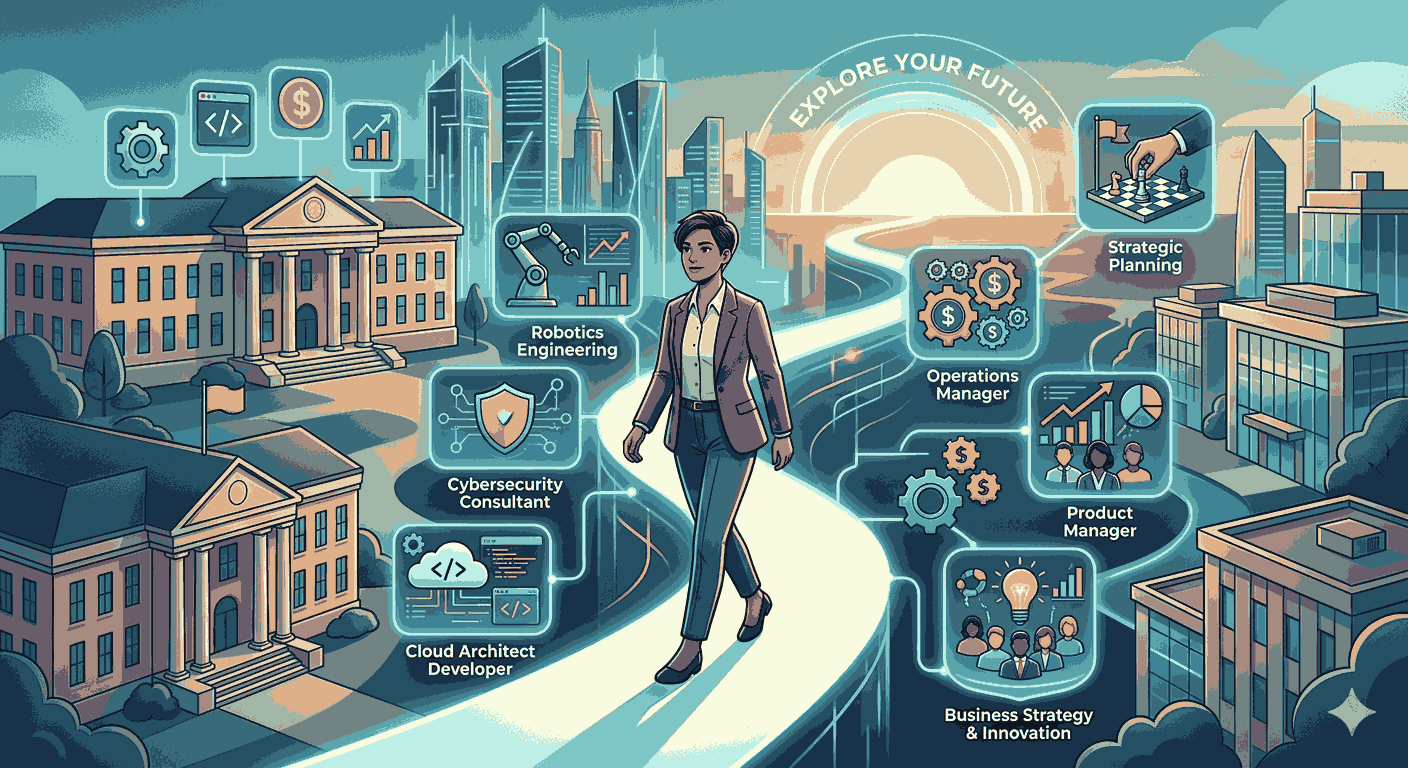 Professional walking a path between a university and a modern city, with tech and business icons