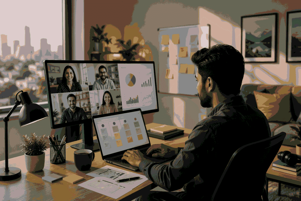 Remote product manager working from home with laptop and virtual team meeting