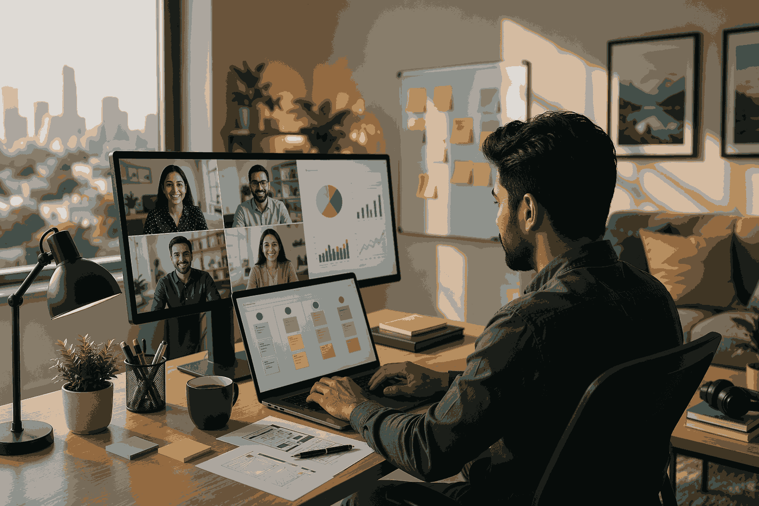 Remote product manager working from home with laptop and virtual team meeting