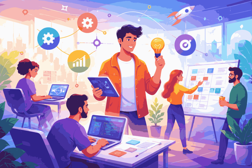 product manager leading startup team with roadmap and collaboration