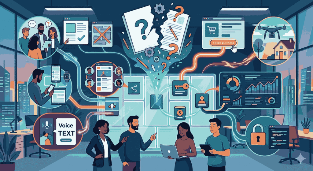 Office Team surrounded by glowing digital data and software visualizations