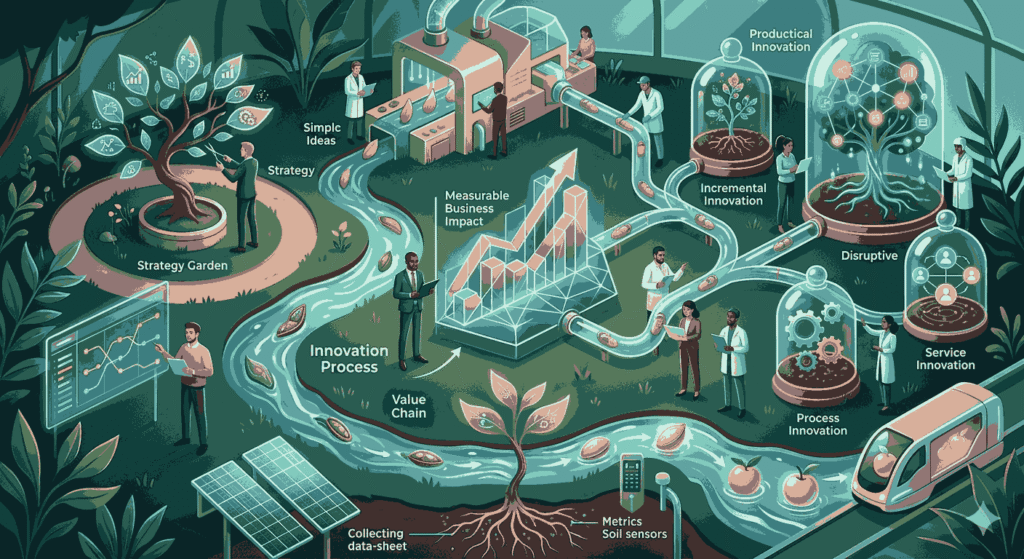 Conceptual diagram of product innovation stages in a high-tech greenhouse with growth charts
