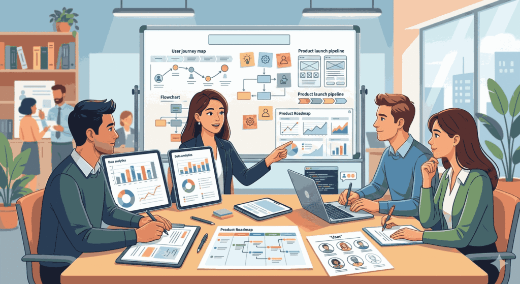 product managers collaborates and reviews data in a modern office illustration