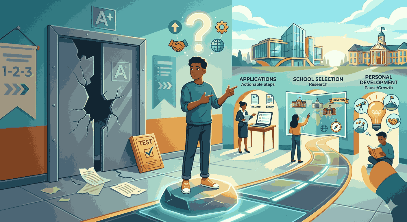 student stands at a crossroads, with one path leading to applications and school research