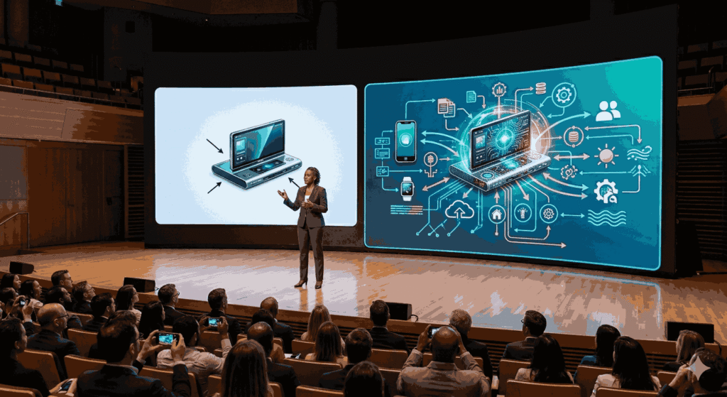 A long shot of an audience at a modern auditorium with a presenter on stage Image