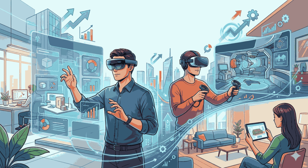 A man interacts with a holographic interface using AR glasses Illustration