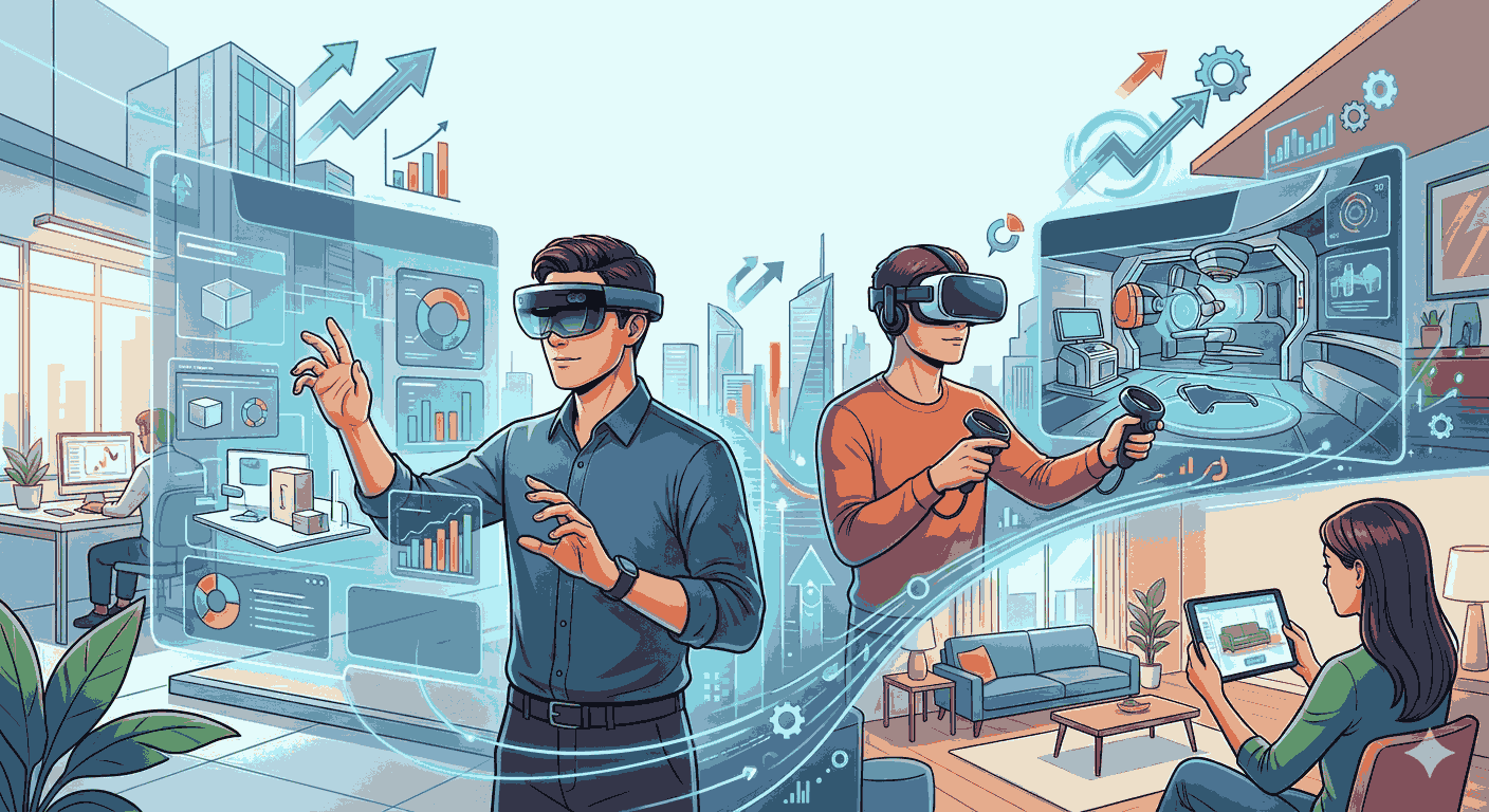 A man interacts with a holographic interface using AR glasses Illustration
