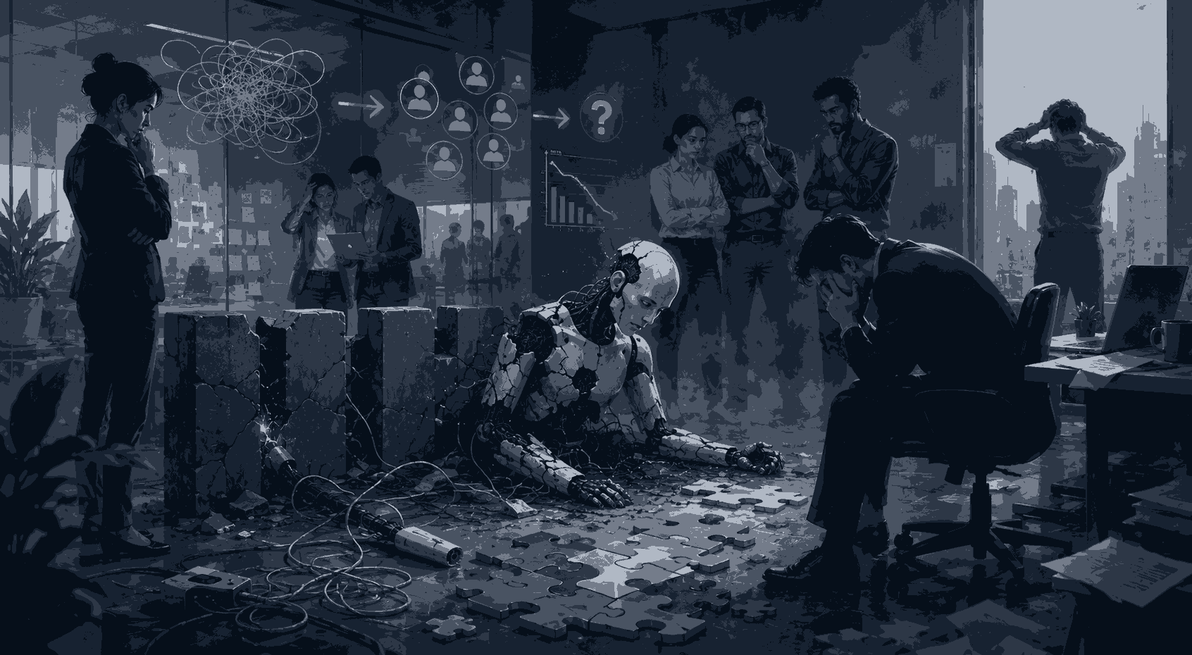 AI adoption failure caused by organizational misalignment and poor decision-making Illustration