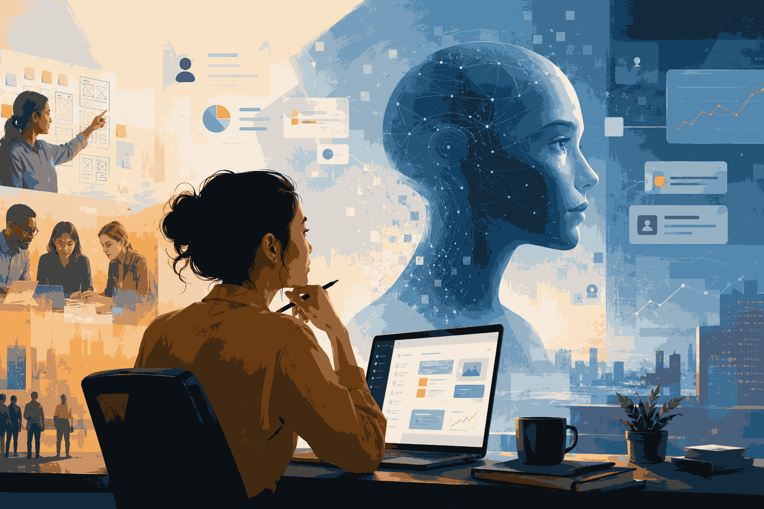 AI and product manager collaborating through data-driven product strategy illustration