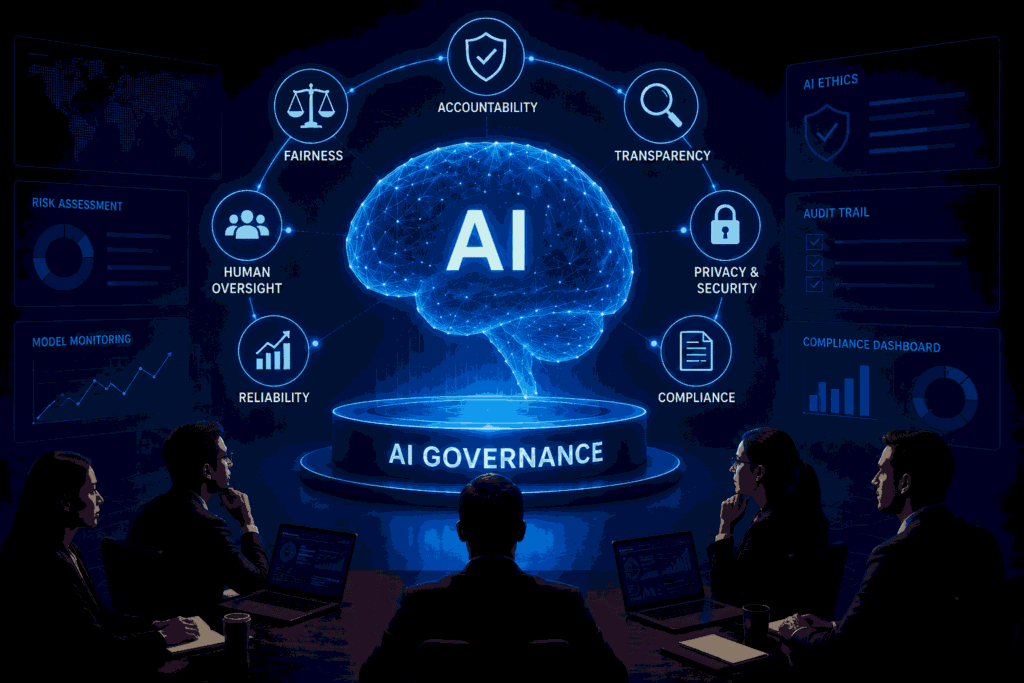 AI governance framework guiding responsible and secure enterprise AI decisions Illustration
