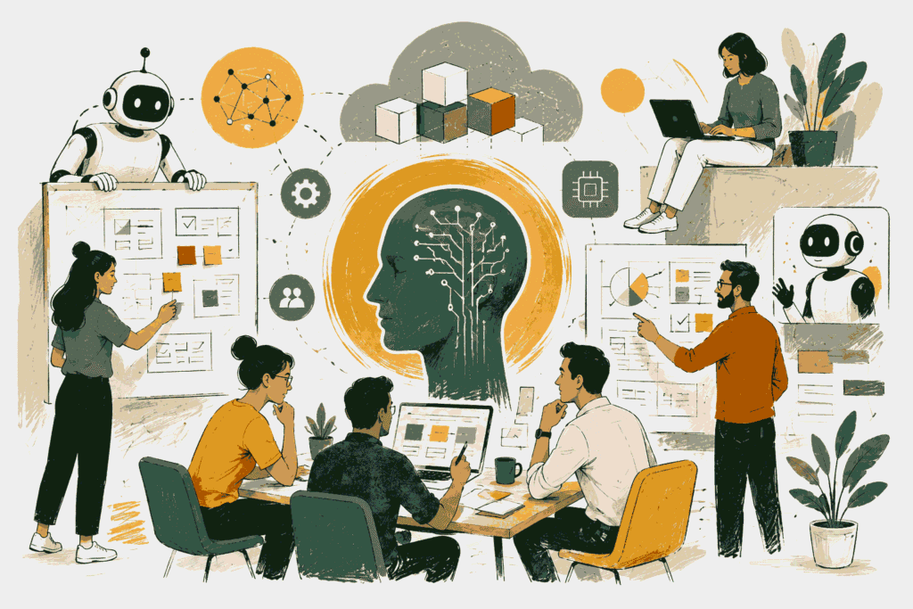 AI-native product teams collaborating with intelligent systems to drive innovation Illustration