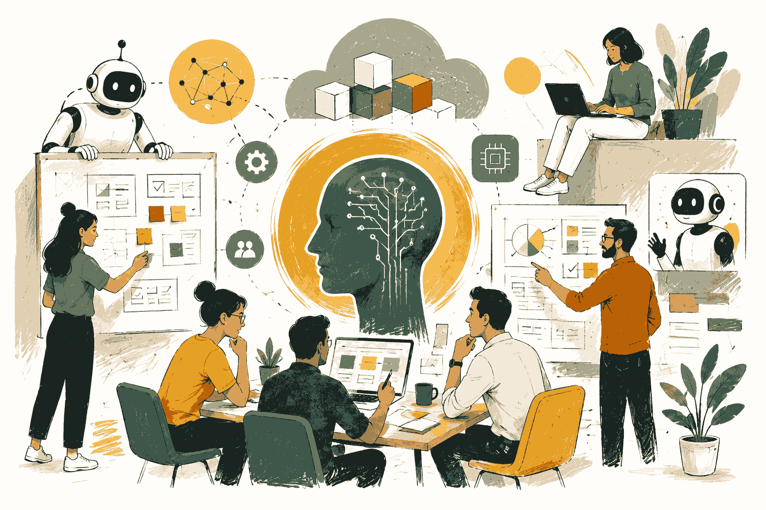 AI-native product teams collaborating with intelligent systems to drive innovation Illustration