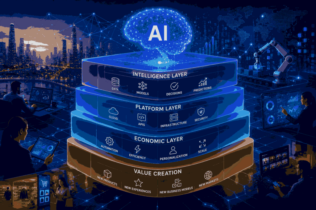 AI-powered economic ecosystem connecting intelligence, platforms, automation and business growth Illustration