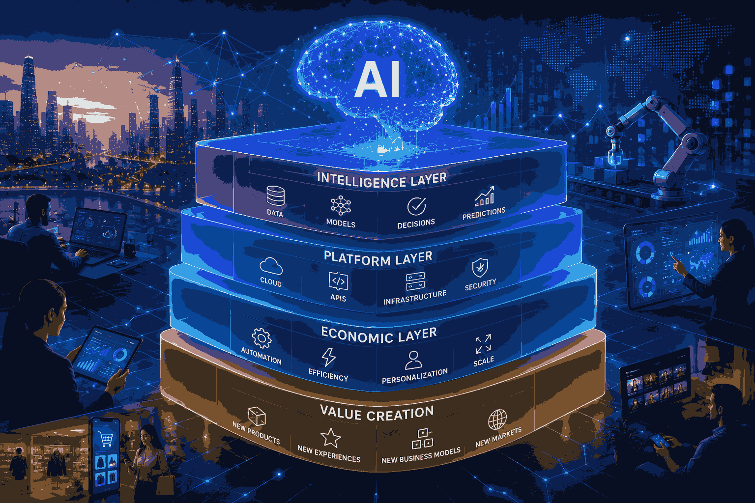 AI-powered economic ecosystem connecting intelligence, platforms, automation and business growth Illustration