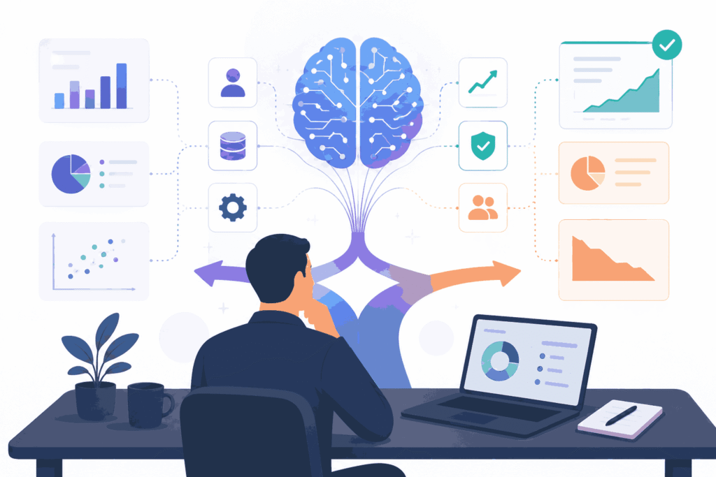 AI-powered product decision-making with data analytics and strategic insights Illustration
